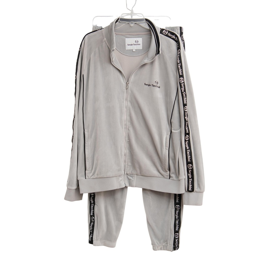 Sergio Tacchini Mens Grey Velour Tracksuit Set Vintage Y2K Athleisure Loungewear